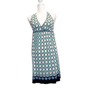Max edition halter neck geo print mini swing dress white green sz xz racerback